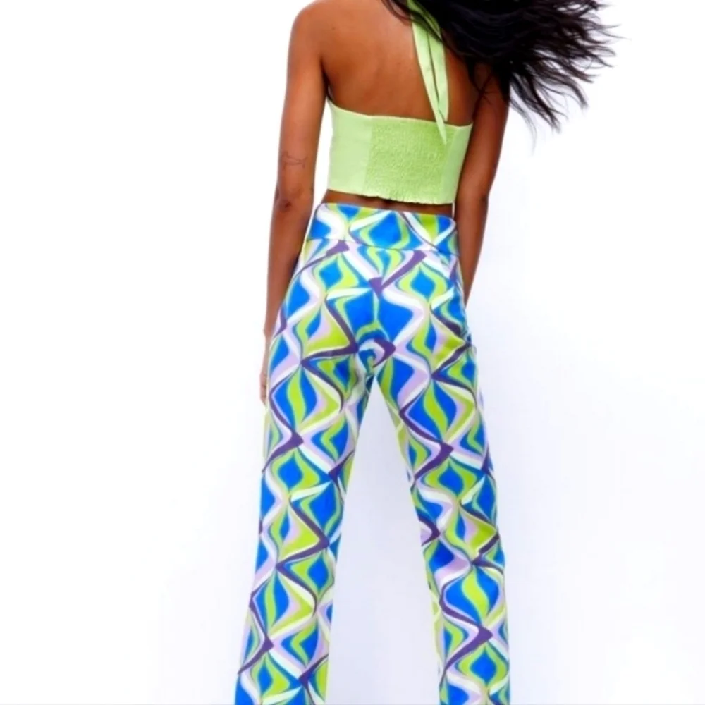 ZARA RETRO SIZE XS BLUE GREEN FLARED SUMMER PANTS SWIRL SPRING VACATION NWT‎